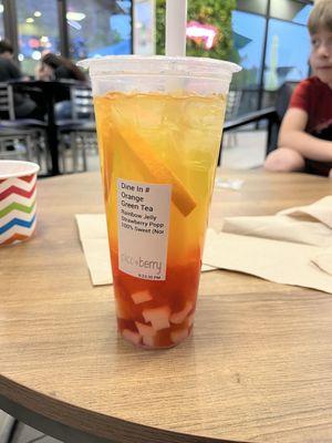 Orange Green Tea with rainbow jelly and strawberry popping! Very very good