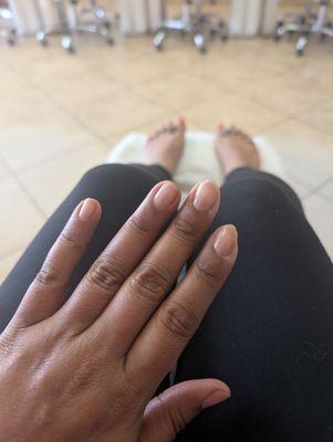 The woman did a fantastic job on my Mani. My nails are naturally mine - she cleaned my cuticles and I asked for just clear polish.