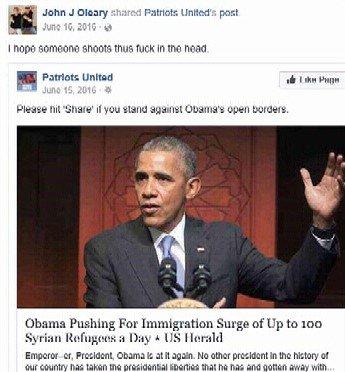 This comment should have been reported to the FBI, but Facebook allowed it to be posted....He hopes the President gets shot in the head!