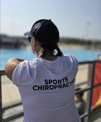 Dr. Nolan at the CSIT World Sport Games 2025, Loutraki Greece, enjoying the swim event between working on the athletes.