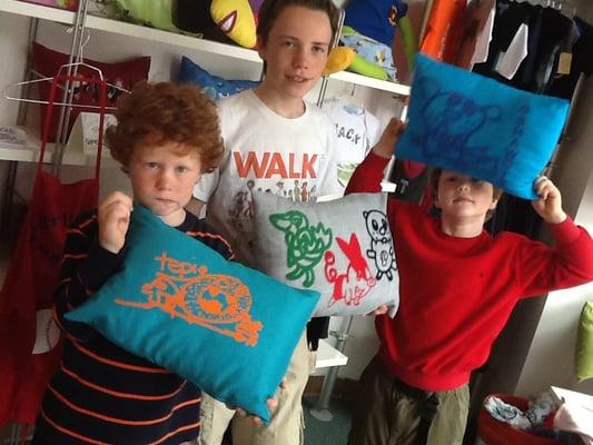 Three cool pillows, cut, sewn and printed by three cool dudes!