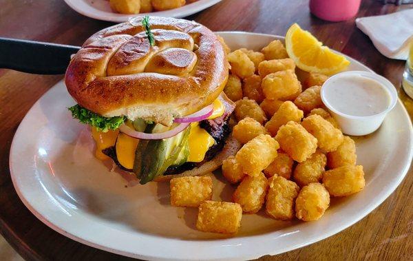 Pretzel bacon cheeseburger