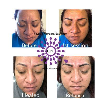 Powder brows over traditional tattoo brows done by another artist.  B&A, healed and retouch.