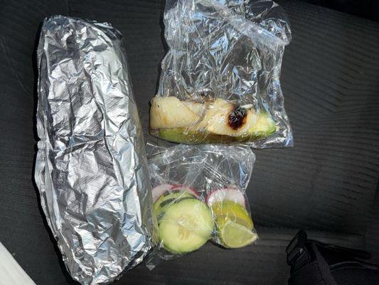 Reg Asada Burrito, grilled onions & jalapeño, cucumber, radish & lemon, $10!