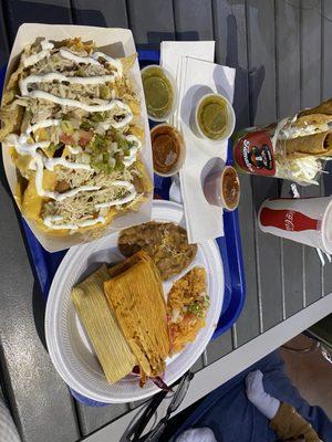 Supreme Nachos, Chicken Flautas, Tamale Plate