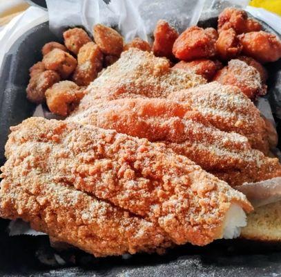 Fried catfish, okra, and corn fritters.
