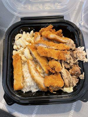 Kalua pork/katsu chicken combo, with macaroni salad, rice, cabbage and carrots