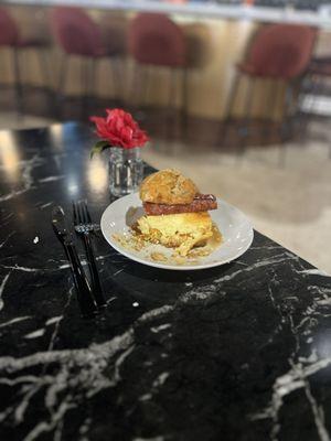 This biscuit with sausage and egg with a sweet glaze over it is so good.  Thank you Islay  for the smile and always remembering my name.