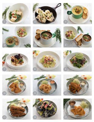 Soup, salad, appetizers, main course, mocktails, coffee, and tea.