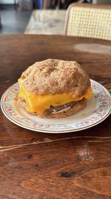 "The Basic" gluten free breakfast sandwich with egg, cheese, sausage and aioli