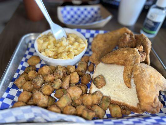 3 piece wing dinner w/ fish , fried okra and Mac and cheese