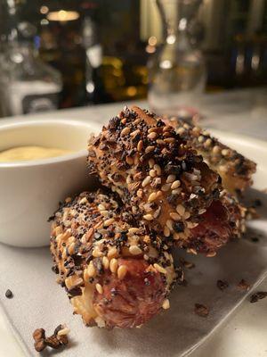 PIGS IN A BLANKET $14 (Happy Hour / $10 / 5 ea) Everything Bagel Spice, Dijon Mustard