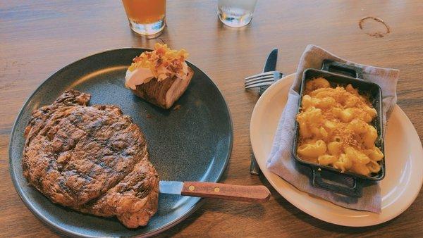 18 oz Ribeye, Hasselback Potato, and Mac & Cheese