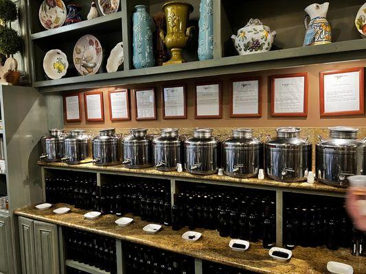 Row of flavored olive oils and balsamic