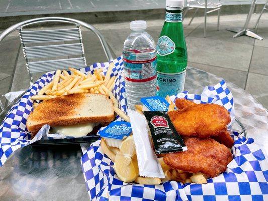 Hot Ny Pastrami Sandwich with Fries; Battered Fish with Chips; drinks