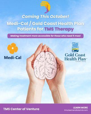 Starting Oct, we accept Medi-Cal & Gold Coast plans for TMS therapy. Call 1.805.650.3880 to see if you're covered and start healing.