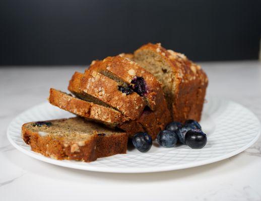 Blueberry white chocolate chip banana bread. One of our signature flavors.