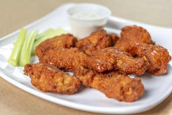 Breaded and crispy bone-in wings tossed in Buffalo sauce, and served with housemade blue cheese dressing.