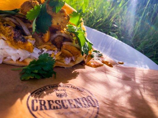 Murgh makhani (butter chicken) wrapped in chapati (Indian flat bread).