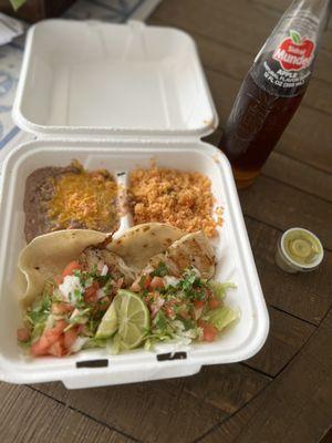 Two Fish Tacos, Rice & Beans and Sidral Mundet Apple