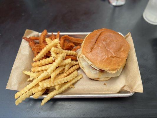 The "W" Burger MELTED SWISS & CHEDDAR CHEESE + HOUSE MADE BACON JAM + FRIED EGG + PICKLED RED ONION + HOUSE MADE GARLIC TRUFFLE AIOLI.