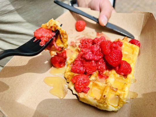 This was my guy's waffle - raspberries + cream