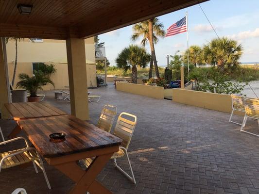 Outdoor sitting area with the grill straight ahead