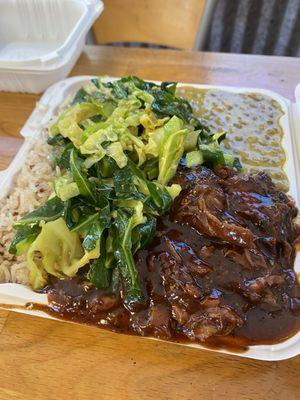 Coconut rice, veggies, jerk chicken, curry lentils