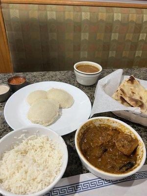 Top left: Idly Sambar and chutneys Top right: Plain naan Lower left: basmati rice Lower right: Kadai chicken