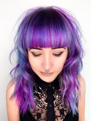 Heavy precision fringe paired with bold creative color transformation by stylist, Lindsay Wolf