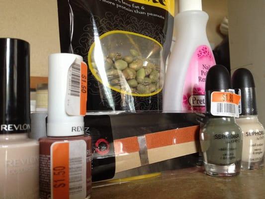 Under $10 for: 10 nail files, 4 name brand polishes, nail polish remover and delish dry roast edamame...
