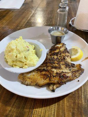 Blackened White Fish with Garlic Butter Sauce and Potato Salad