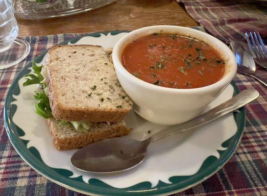 Chicken salad on whole grain with tomato basil soup.