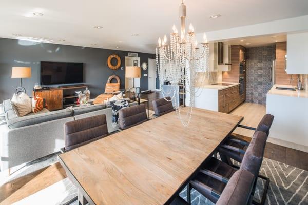Kitchen, dining room and living room. Just love the colors, textures, and that pearl chandelier!