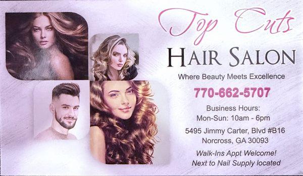 Top Cut Hair Salon, 5495 Jimmy Carter Blvd, B16, Norcross, GA 30071. Phone: 770-662-5707