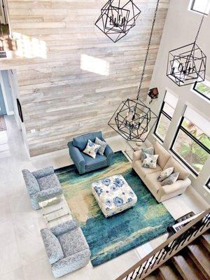 Whitewash reclaimed wood wall in a living room.