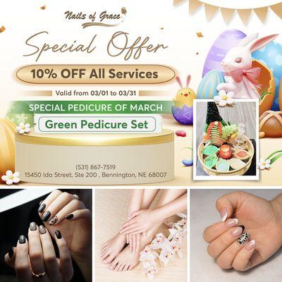 SPECIAL PEDICURE OF MARCH
Green Pedicure Set
10% OFF All Services
From 03/01 to 03/31
Treat your feet to some pampering with our