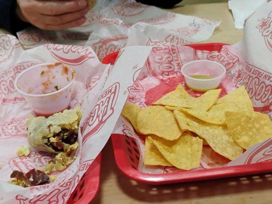 Breakfast burrito, and chips and salsa