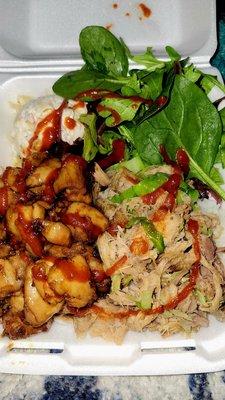 Kalua Pork & Teriyaki Chicken w/Mac Salad & Greens Combo Plate $19.00 (11/12/22). @AlohaFridaysLA #HawaiianFood #FoodTruck #FoodPorn