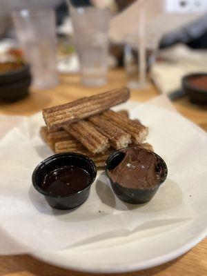 churros dessert- Nutella and vanilla/chocolate sauce... like it better with cajeta (goat milk)