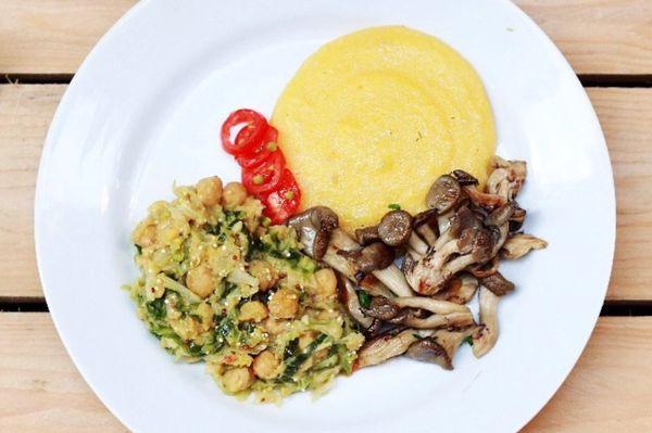 Baked grits with mushrooms and season vegetables.