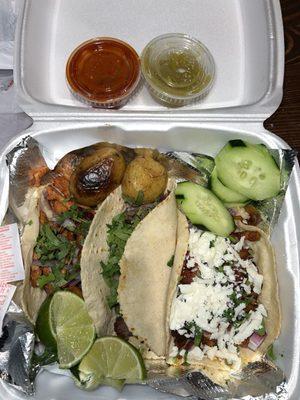 Pastor, bistec & campechano tacos.