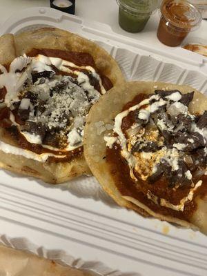 Chalupas with red sauce ( can also get with green sauce instead, green less spicy but just as good )