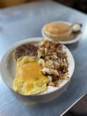 Breakfast Sandwich with side of buttermilk pancakes