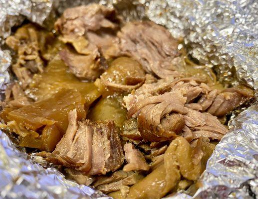 Meat, Skin, and Stomach. A blissful pound and a half of pure flavorful awesomeness.