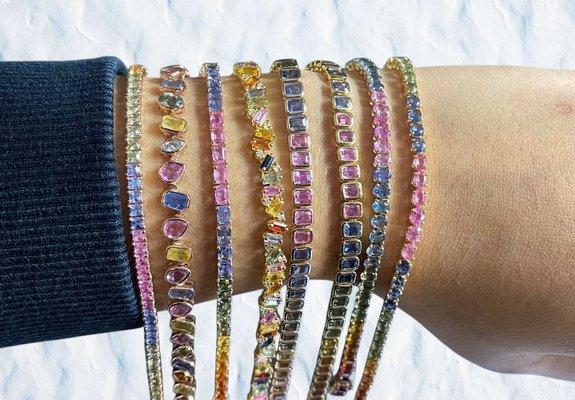 Multicolored stone bracelets.