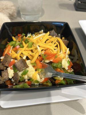 Grit bowl -the bell peppers were raw , cheese was not melted