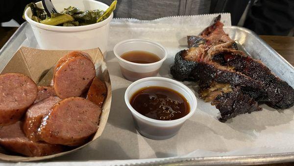Sausage, sliced brisket, Collard Greens