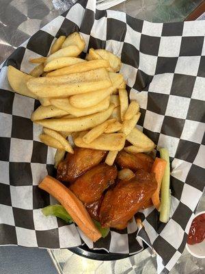 Bone-in with Buffalo sauce.