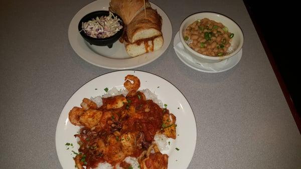 Seafood creole, bbq pork sandwich, and the best beans and rice I've ever had, ever, literally!